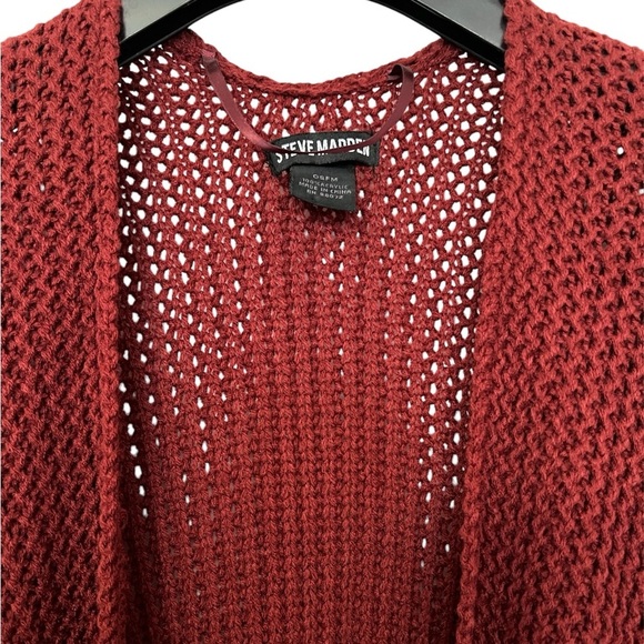 Steve Madden Women Fringed Long Open Front Sweater Vest Burgundy - Picture 2 of 4